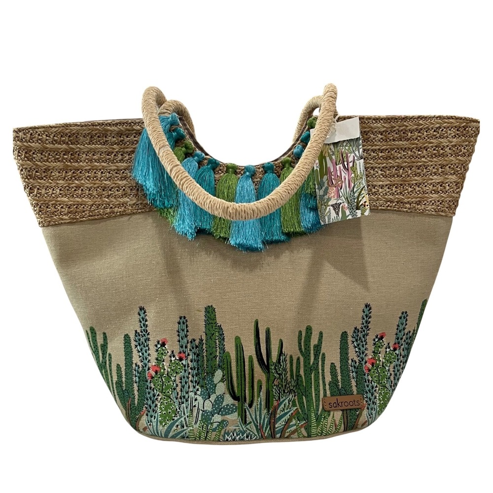 Sakroots‎ Artist Circle Lola Beach Bag Cactus Floral Straw Tote Summer Vacation - Picture 2 of 9